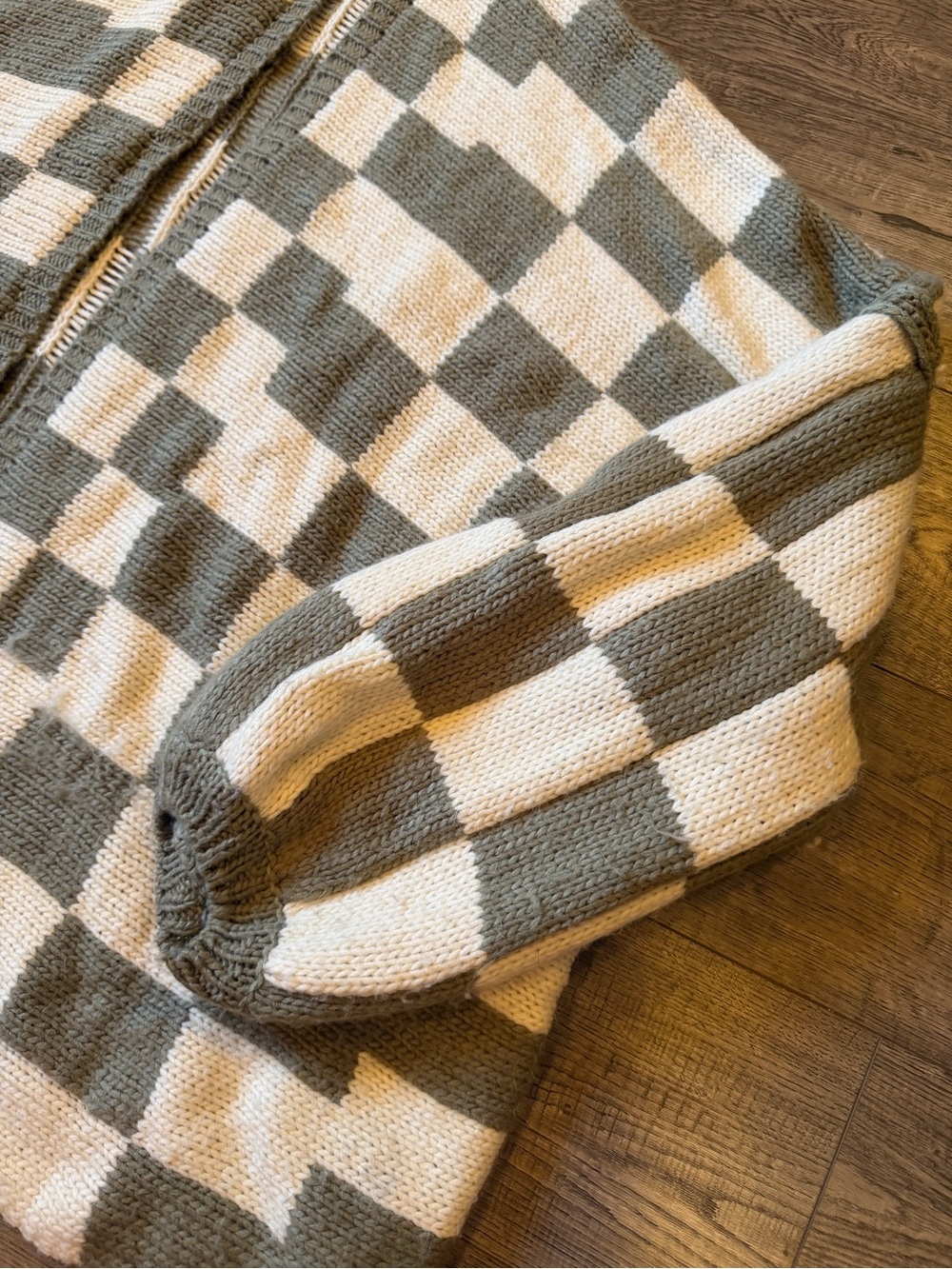 TALULAH Checkerboard Knit Cardigan in Cream and Olive - Picture 2 of 5